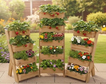 May include: Wooden tiered plant stands with various flowers and strawberry plants. The stands have multiple rectangular planters filled with colorful blooms and green foliage. The stands are arranged outdoors on a patio.