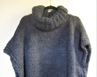 Hand Knit Chunky Cowl Neck Poncho Shawl: Plus Size Charcoal Wool