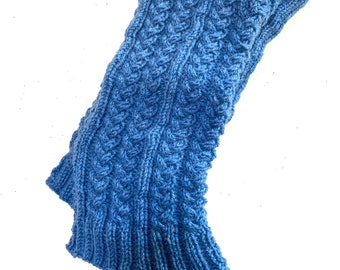 Blue Leg Warmers Wide Calf Wool Preppy Schoolgirl Hand Knit Fair Isle Cables - Adut Size Large