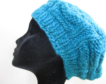 Hand Knit Chunky Wool Beret: Turquoise Blue Slouchy Beanie