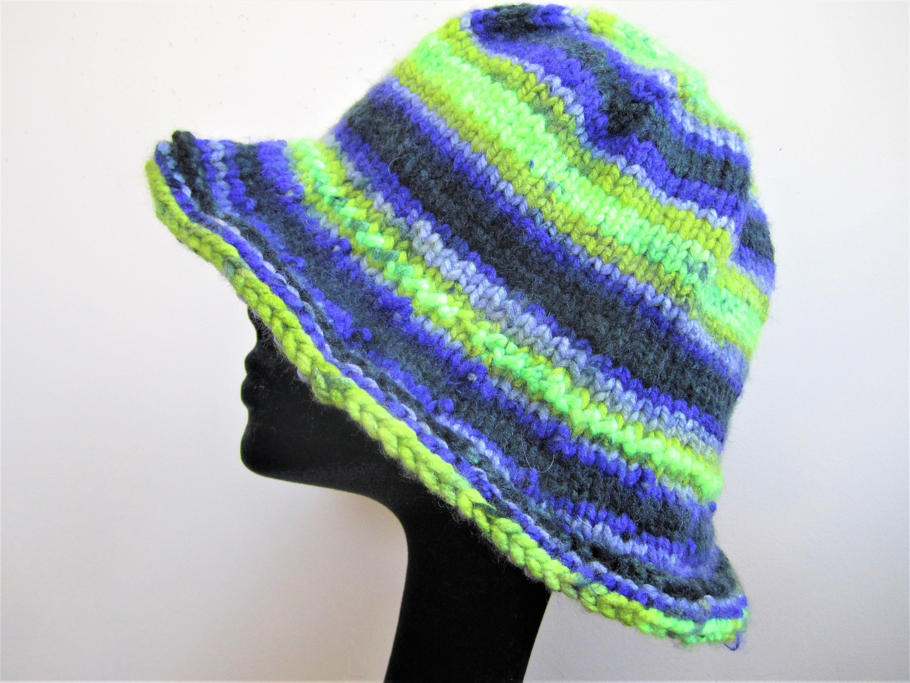 Hand Knit Striped Bucket Hat: Neon Green Purple Acrylic 