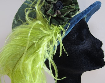 Elizabethan Tall Hat Reproduction Steampunk Blue Renaissance Faire Green Plume - Adult Size 7 1/8