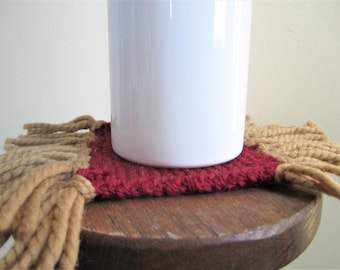 Hand Knit Wool Coaster Set: Fringe Mug Rugs, Dark Red & Green