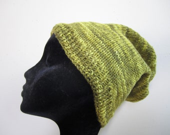 Hand Knit Wool Slouchy Beanie: Olive Green Rasta Festival Cap