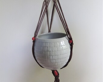 Handmade Macramé Plant Hanger: 70s Boho Decor, Brown Nylon Cord (56 inches)