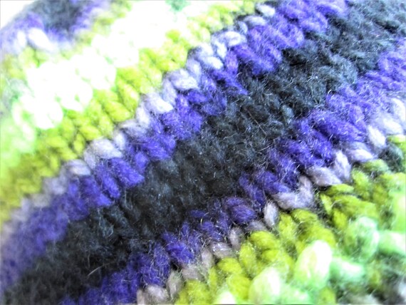 Vintage Purple and Green Hand Knit Bucket Hat Hand Knit Striped Bucket Hat: Neon Green Purple Acrylic  main image 2