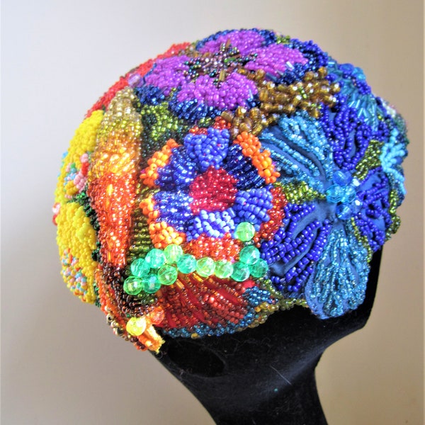 Skull Cap Hand Beaded Hat Floral Evening Cloche Wearable Art 20s Art Deco - Adult Size Small 6 3/4 inches