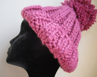 Chunky Hat Giant Pom Pom Hand Knit Wool Acrylic Blend Pink – Adult Size Medium