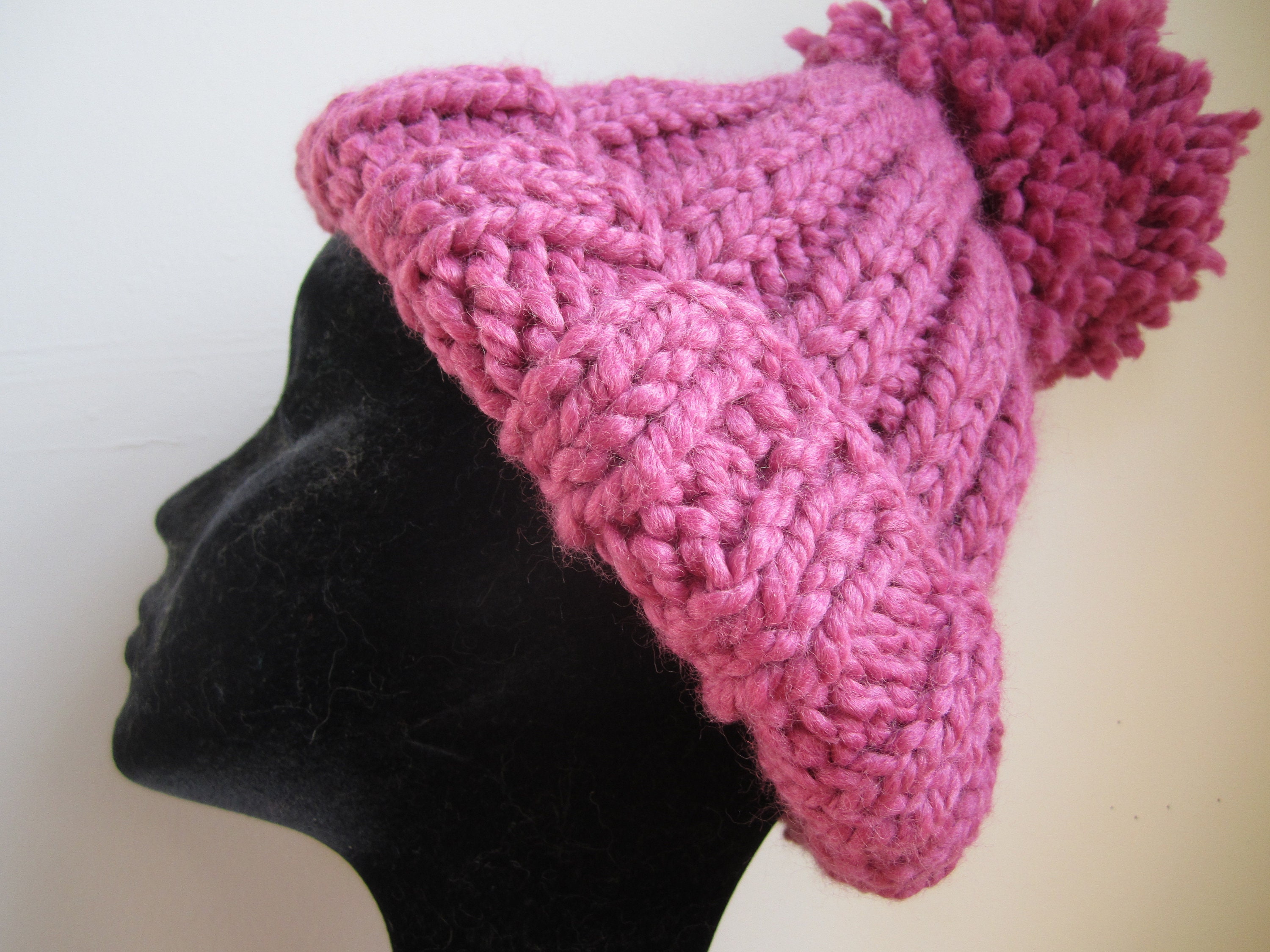 Chunky Knit Cozy Hat Handmade in Ukraine Pink Giant pompom Raspberry pink double pom beanie | winter hat for baby  main image 3