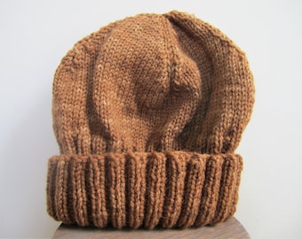 Civil War Reenactor Knit Hat Beanie Unisex Cap Natural Walnut Dye Hand Knit Wool - Adult Size M/L
