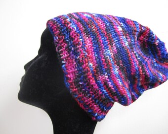 Hand Knit Wool Slouchy Beanie: Multicolored Rasta Festival Hat