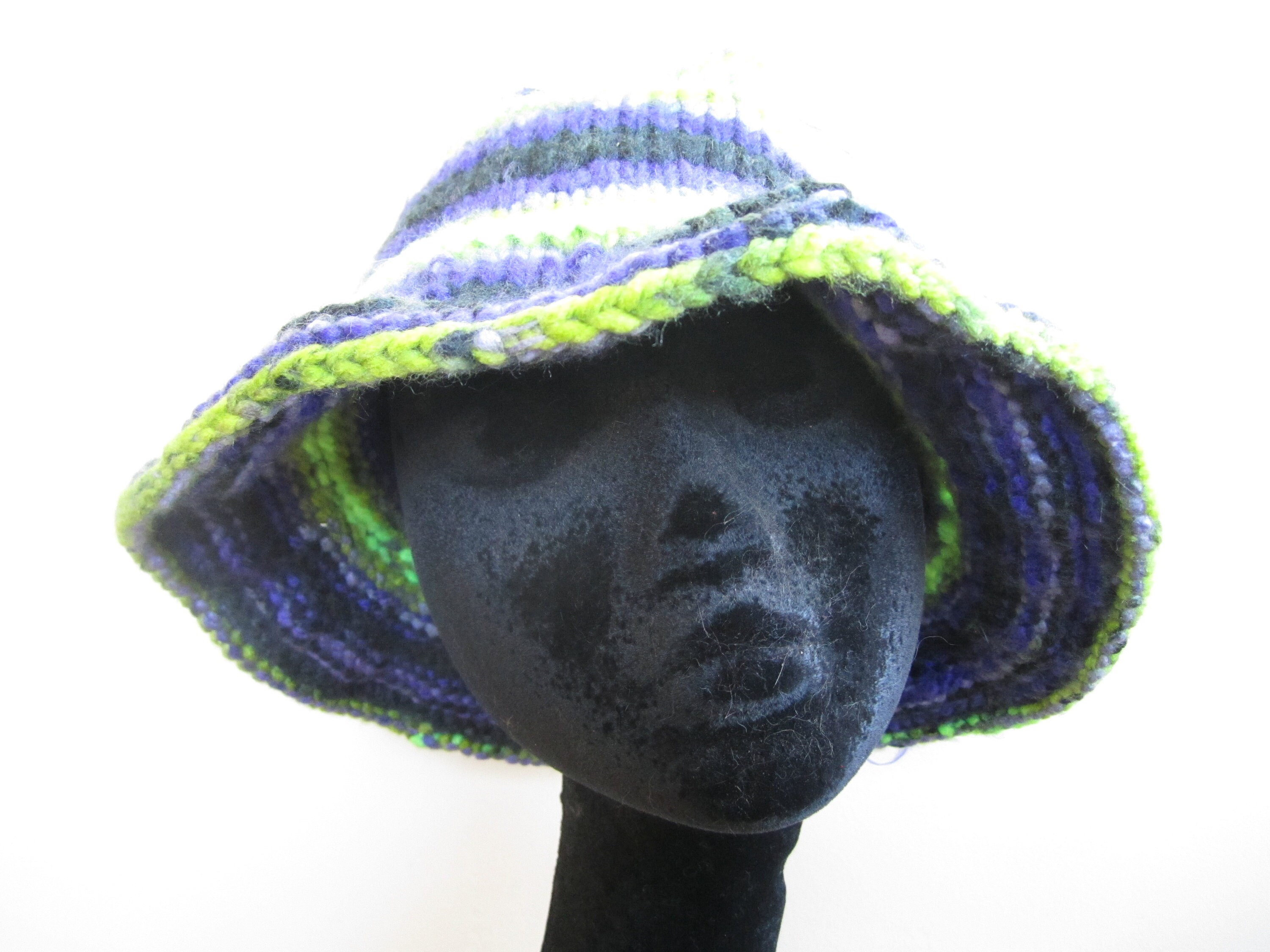 Hand Knit Striped Bucket Hat: Neon Green Purple Acrylic  display picture 3