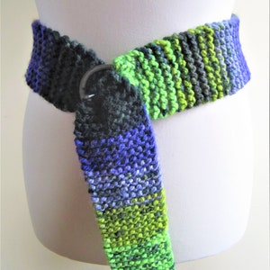 Chunky Hand Knit Belt Purple Green Neon Stripe Long Metal Buckle Adult One Size