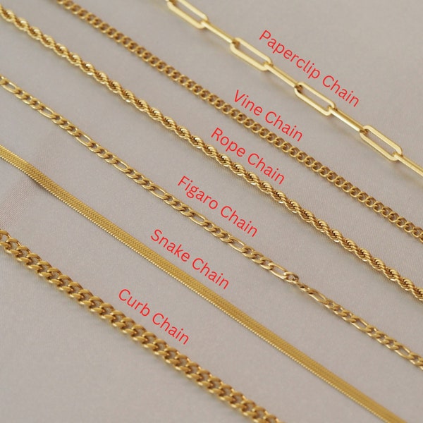 18K Gold Filled Chain Necklace, Figaro Chain, Rope Chain, Curb Chain, Snake Chain, Paperclip Chain, Vine Chain, Gift for her