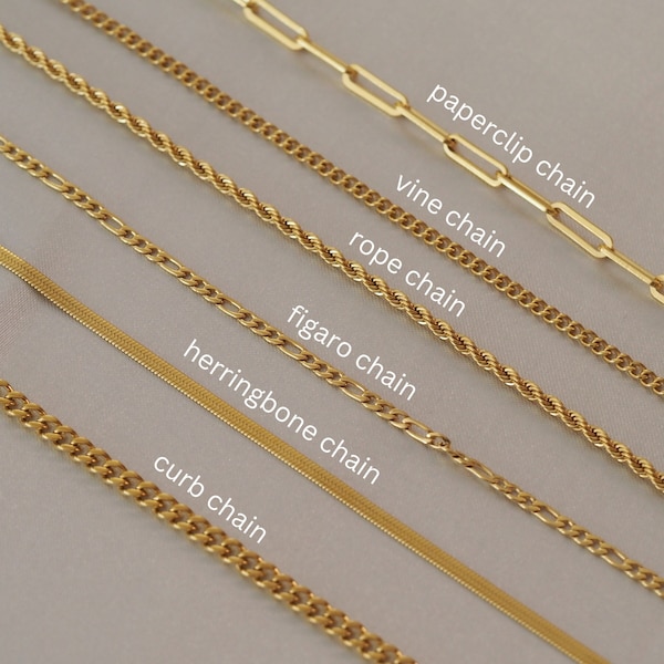 Cadena llena de oro de 18K, cadena de bordillo, cadena de fígaro, cadena de vid, cadena de cuerda, cadena de clip, cadena de serpiente, regalo para ella