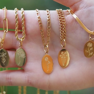 18K Gold Filled Birth Flower Necklace: Engraved Floral Pendant