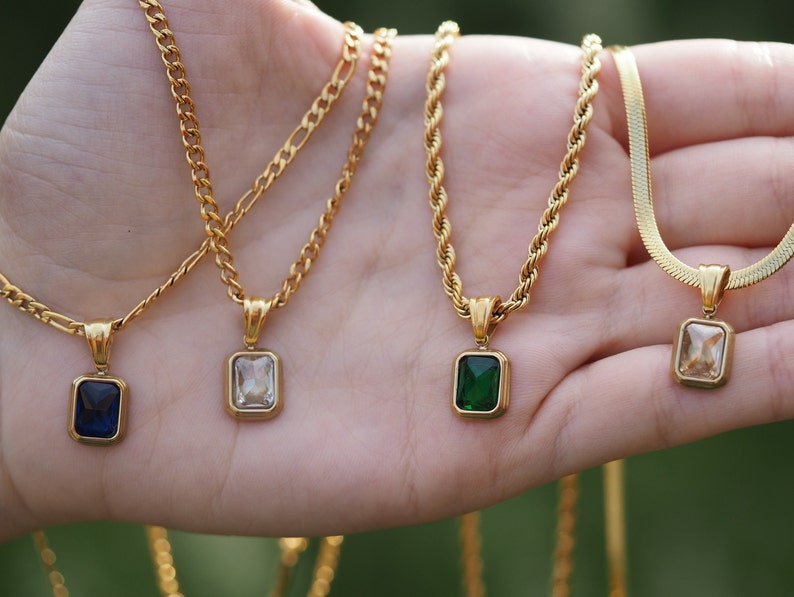 18K Gold Filled Gemstone Necklace, Emerald Gold Necklace, Gift for her image 3