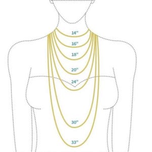 K&ouml;nnte beinhalten: Diagramm, das Halskettenl&auml;ngen veranschaulicht. Das Bild zeigt eine stilisierte Umrisszeichnung einer Person, die Halsketten in verschiedenen L&auml;ngen tr&auml;gt: 35,5 cm, 40,6 cm, 45,7 cm, 50,8 cm, 61 cm, 76,2 cm und 83,8 cm. Der Text "Chain Lengths" steht oben.