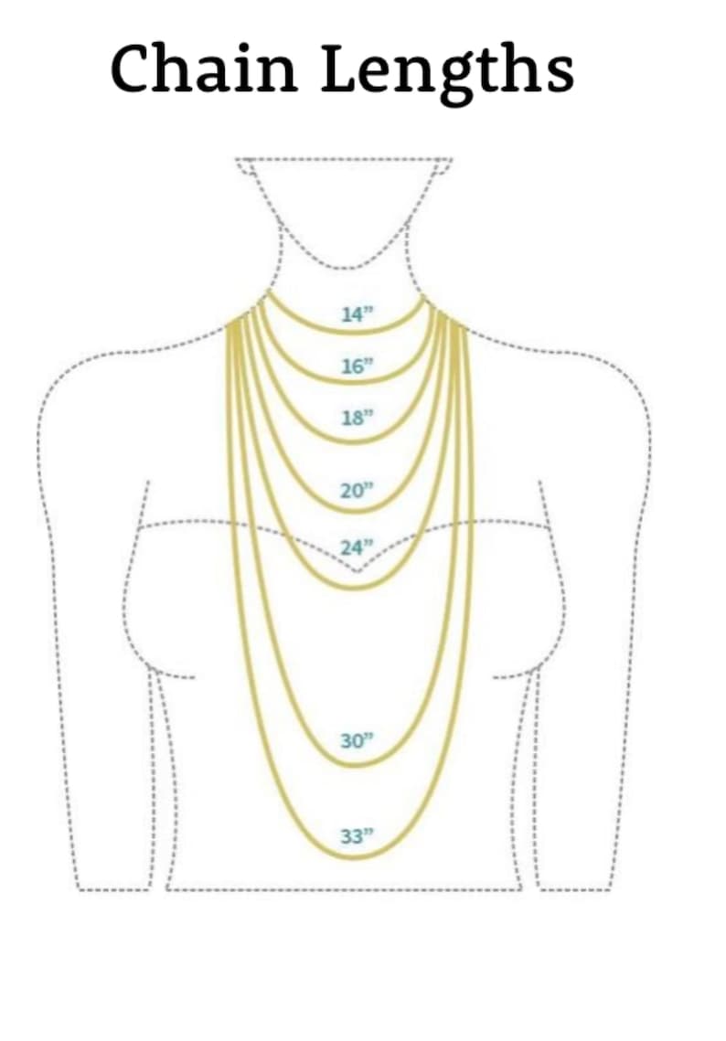 K&ouml;nnte beinhalten: Diagramm, das Halskettenl&auml;ngen veranschaulicht. Das Bild zeigt eine stilisierte Umrisszeichnung einer Person, die Halsketten in verschiedenen L&auml;ngen tr&auml;gt: 35,5 cm, 40,6 cm, 45,7 cm, 50,8 cm, 61 cm, 76,2 cm und 83,8 cm. Der Text "Chain Lengths" steht oben.