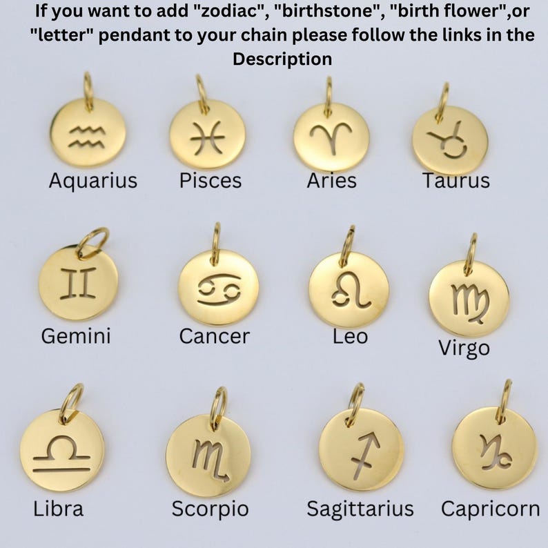 May include: Gold-colored zodiac pendant charms, each with a unique symbol and name. The charms include Aquarius, Pisces, Aries, Taurus, Gemini, Cancer, Leo, Virgo, Libra, Scorpio, Sagittarius, and Capricorn. The text at the top of the image says to follow the links in the description.