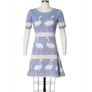 Può includere: Abito in maglia azzurra con un motivo ripetuto di struzzi bianchi con zampe e becchi rosa. L'abito ha maniche corte, scollatura rotonda e vita aderente con un design a righe orizzontali. L'abito è esposto su un manichino.