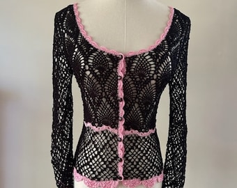 Vintage Betsey Johnson Pink & Black Crochet Cardigan