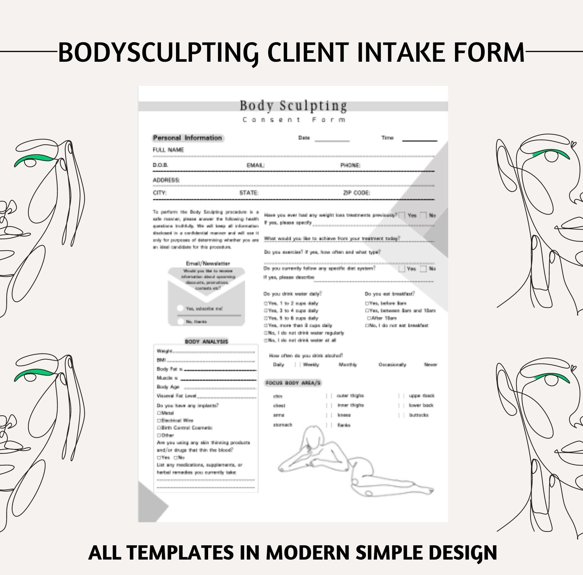 Editable Body Sculpting Forms, Body Sculpting Consultation Form, Body