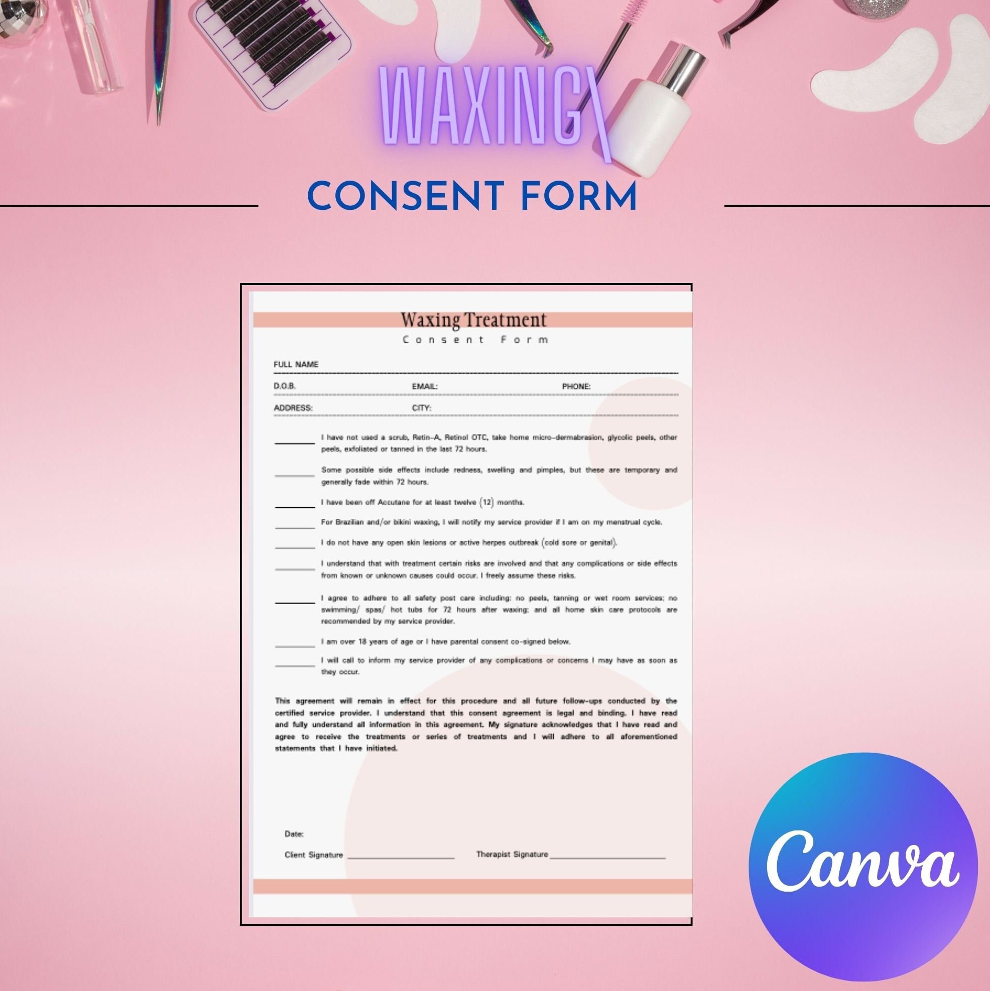 EDITABLE Waxing Treatment Forms, Professional Esthetician Forms, Canva