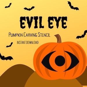 May include: Pumpkin carving stencil featuring an evil eye design. The stencil is a digital download and can be used to carve a spooky pumpkin for Halloween.