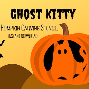 May include: A pumpkin carving stencil featuring a ghost kitty design. The stencil is for an instant download and is perfect for Halloween.