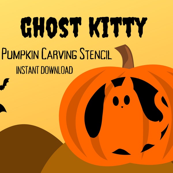 Ghost Kitty Pumpkin Carving Stencil | 1 Kawaii Halloween Jack O'Lantern Carving Pattern