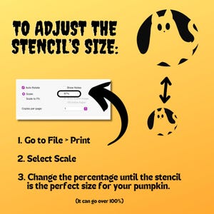 Pode incluir: Um fundo amarelo com um est&ecirc;ncil de gato preto. S&atilde;o mostradas instru&ccedil;&otilde;es sobre como ajustar o tamanho do est&ecirc;ncil para uma ab&oacute;bora. As instru&ccedil;&otilde;es dizem para ir em Arquivo > Imprimir, selecionar Escala e alterar a porcentagem at&eacute; que o est&ecirc;ncil tenha o tamanho perfeito para sua ab&oacute;bora. O texto tamb&eacute;m diz que a porcentagem pode ultrapassar 100%.