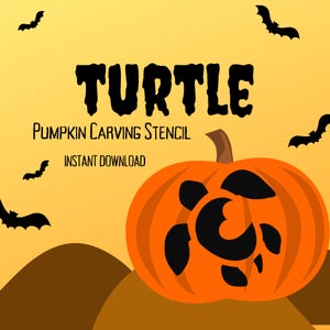 May include: Pumpkin carving stencil featuring a turtle design. The stencil is printed on a white background and is ready to be used for carving a pumpkin. The text "TURTLE" and "PUMPKIN CARVING STENCIL" is printed in black at the top of the stencil. The text "INSTANT DOWNLOAD" is printed in black at the bottom of the stencil.