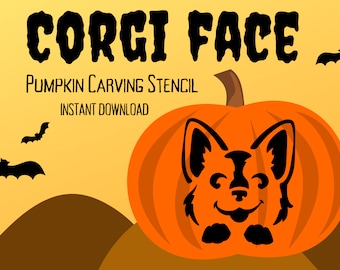 Plantilla para tallar calabaza con cara de Corgi adorable / 1 patrón único para tallar calabaza de Halloween