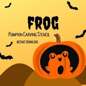 May include: Pumpkin carving stencil featuring a frog design. The stencil is black and white and is designed to be used on a pumpkin. The text "FROG" and "PUMPKIN CARVING STENCIL" is included in the image.