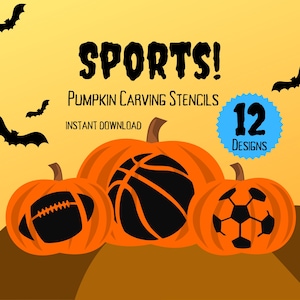 Puede incluir: Plantillas de tallado de calabaza con temática deportiva con 12 diseños. Las plantillas presentan un balón de baloncesto, un balón de fútbol americano y un balón de fútbol. Descarga instantánea.