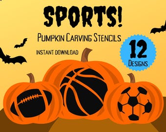 Sports Pumpkin Carving Stencils | 12 Unique Car Sports Equipment Halloween Jack O'Lantern Carving Patterns