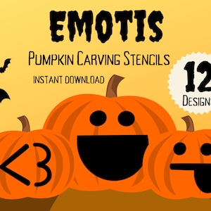 May include: Orange pumpkin carving stencils with emoji faces, including a heart, a smiling face, and a face with its tongue sticking out. The text reads "EMOTIS PUMPKIN CARVING STENCILS INSTANT DOWNLOAD 12 DESIGNS". Bats are silhouetted in the background.