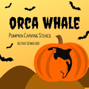 May include: A pumpkin carving stencil featuring an orca whale jumping out of the water. The stencil is labeled "ORCA WHALE PUMPKIN CARVING STENCIL INSTANT DOWNLOAD".