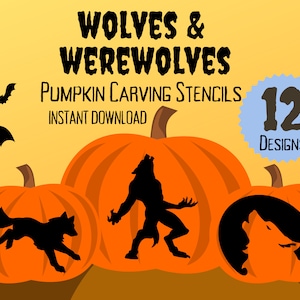 May include: Three orange pumpkins with black stencils of wolves and werewolves. The text "Wolves & Werewolves Pumpkin Carving Stencils Instant Download 12 Designs" is above the pumpkins.