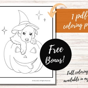 Pode incluir: Uma p&aacute;gina para colorir em preto e branco com um filhote usando um chap&eacute;u de bruxa e sentado dentro de uma ab&oacute;bora de Halloween. O texto "1 pdf coloring page!" e "Free Bonus!" tamb&eacute;m est&aacute; inclu&iacute;do na imagem.