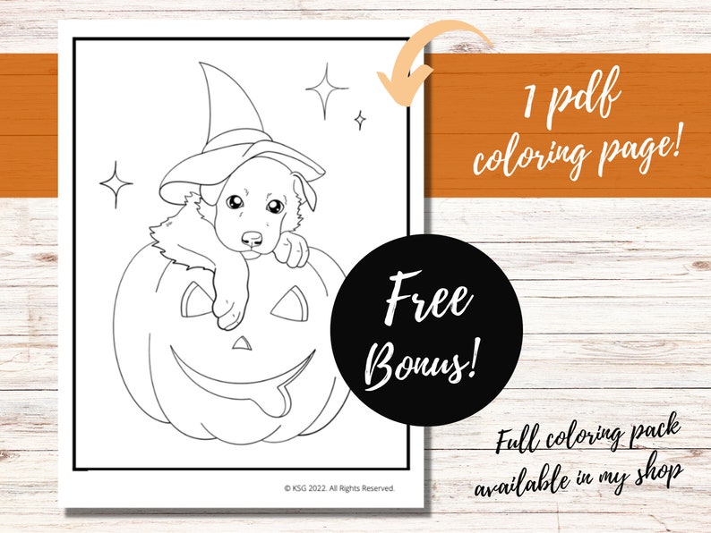 Pode incluir: Uma p&aacute;gina para colorir em preto e branco com um filhote usando um chap&eacute;u de bruxa e sentado dentro de uma ab&oacute;bora de Halloween. O texto "1 pdf coloring page!" e "Free Bonus!" tamb&eacute;m est&aacute; inclu&iacute;do na imagem.