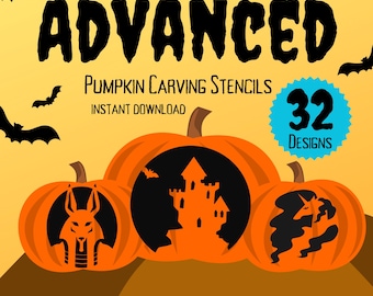 May include: An orange background with black bats and three orange pumpkins. The pumpkins have black cut-out designs of a castle, a creature, and a starburst. Text reads "ADVANCED PUMPKIN CARVING STENCILS INSTANT DOWNLOAD" and "32 DESIGNS".