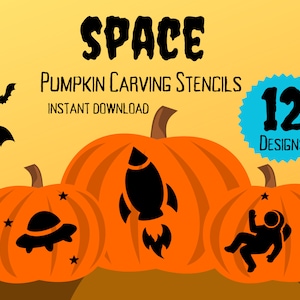 Puede incluir: Doce plantillas de tallado de calabaza con temática espacial. Las plantillas presentan un cohete, un OVNI y un astronauta. Las plantillas están impresas en un fondo blanco y están listas para ser utilizadas para tallar calabazas.