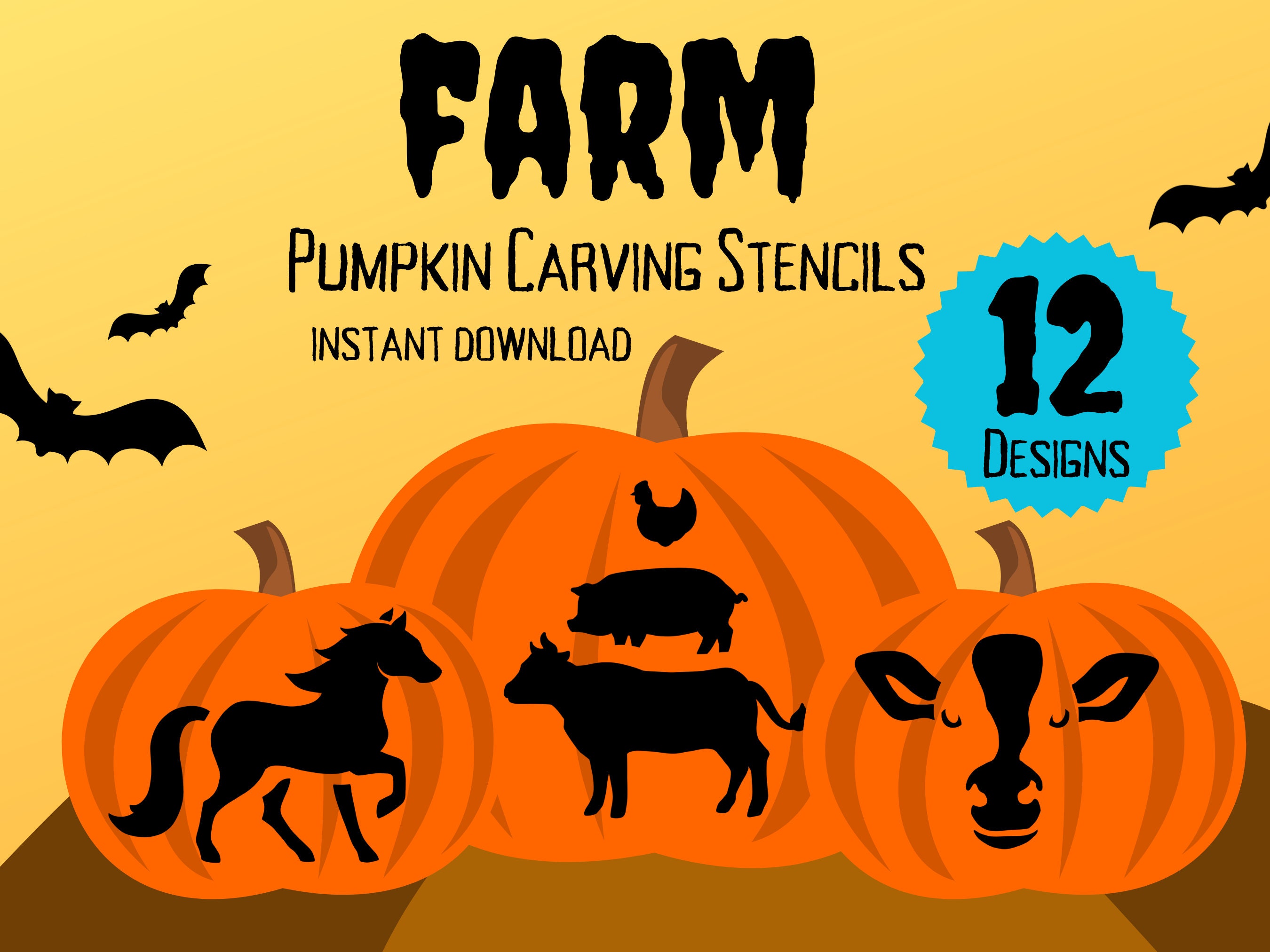 Farm Animal Stencils, Digital Download, Pumpkin Carving Stencils, Children  