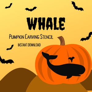 Puede incluir: Una plantilla de tallado de calabaza con un dise&ntilde;o de ballena. La plantilla est&aacute; impresa en un fondo blanco e incluye el texto "WHALE" y "PUMPKIN CARVING STENCIL INSTANT DOWNLOAD".