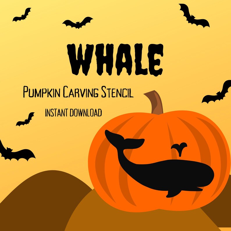 Puede incluir: Una plantilla de tallado de calabaza con un dise&ntilde;o de ballena. La plantilla est&aacute; impresa en un fondo blanco e incluye el texto "WHALE" y "PUMPKIN CARVING STENCIL INSTANT DOWNLOAD".