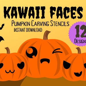 Op de afbeelding: Een set van 12 printbare pompoensnijpatronen met schattige kawaii-gezichten. De patronen zijn perfect om een ​​leuke en grillige touch aan je Halloween-decoraties te geven.
