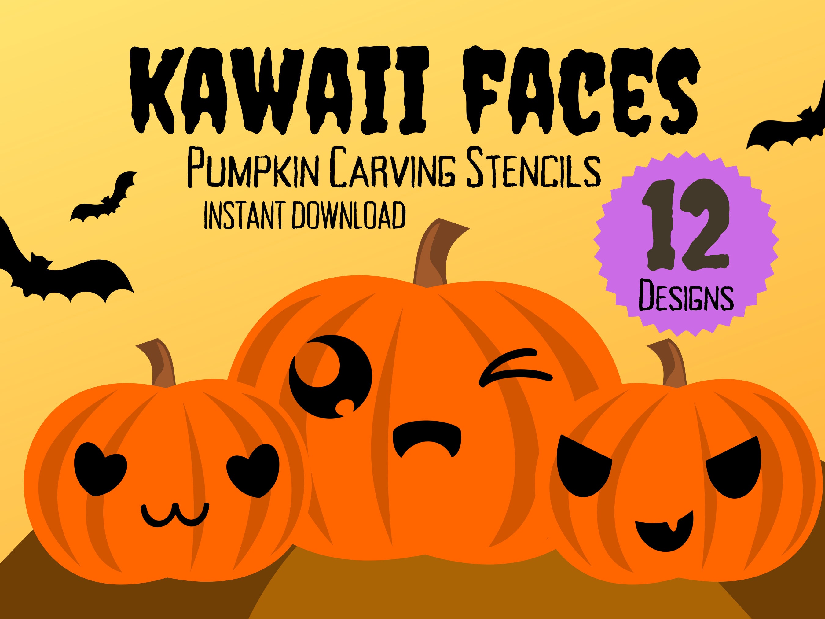 かわいい顔のハロウィンかぼちゃ彫刻ステンシル | 12 種類の愛らしいジャック・オー・ランタンのパターン - Etsy 日本, image size:2700x2025