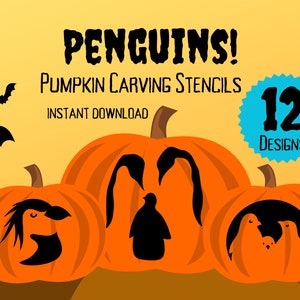 May include: Three orange pumpkins with black penguin stencils carved into them. The pumpkins are on a brown surface. The text "PENGUINS! PUMPKIN CARVING STENCILS INSTANT DOWNLOAD 12 DESIGNS" is in black text on a yellow background.